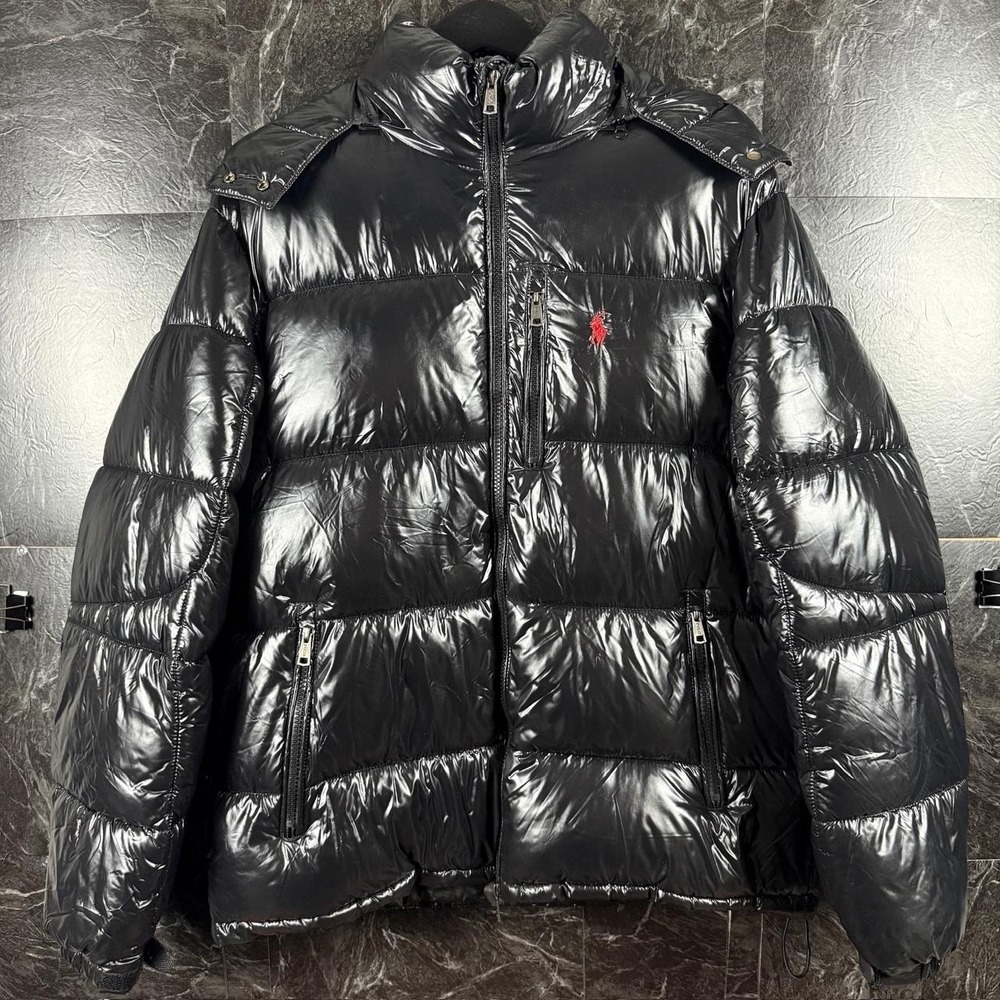 Polo Ralph Lauren Black Gorham Glossed Down Puffer Jacket Large -Flaw
